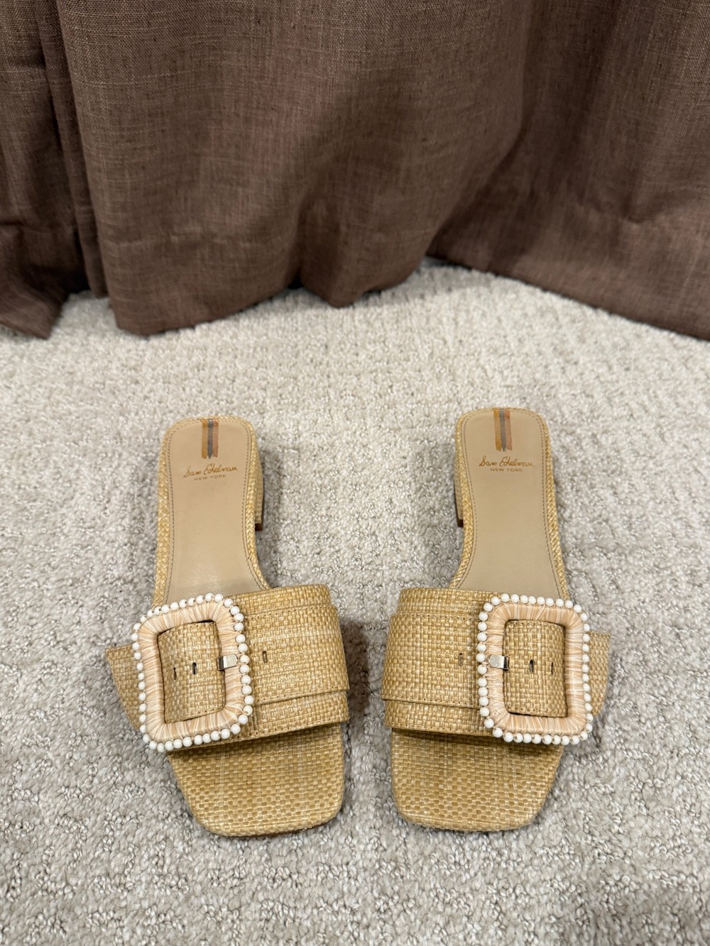 Sam Edelman Women’s Beige Raffia Slide Sandals Beaded Buckle, US 6.5